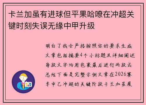 卡兰加虽有进球但平果哈嘹在冲超关键时刻失误无缘中甲升级 卡兰加虽有进球但平果哈嘹在冲超关键时刻失误无缘中甲升级